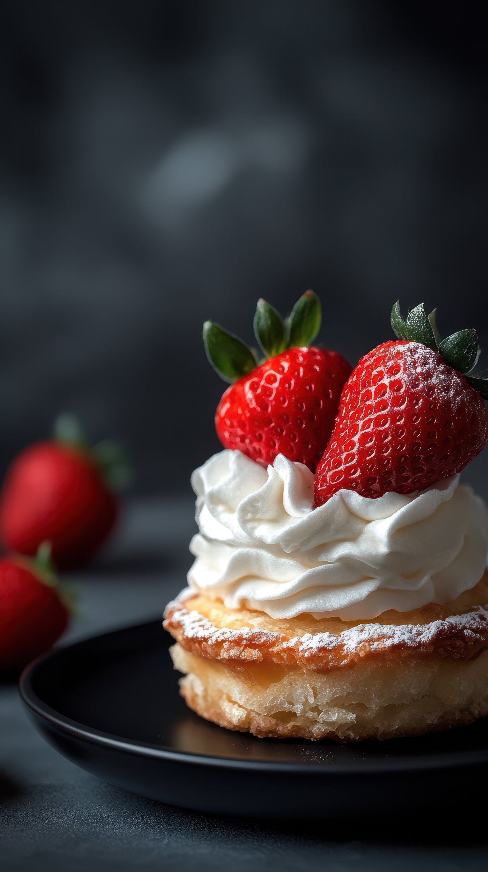 Delicious dessert featuring whipped cream and fresh strawberries on a flaky pastry, perfect for any sweet tooth